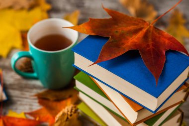 Sonbahar. Kitap. Bir fincan çay. Sarı kırmızı yapraklar. Ahşap arka plan