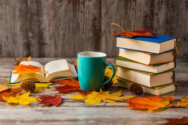 Sonbahar. Açık bir kitap. Çay, kahve, kakao. Sarı kırmızı yapraklar. Ahşap arka plan