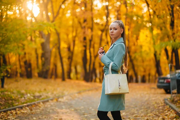 Ragazza che passeggia nel parco in autunno con una borsa bianca in una cioccolata — Foto Stock