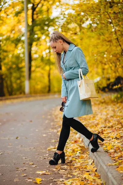 하얀 가방을 들고 가을에 공원을 걷고 있는 소녀 — 스톡 사진