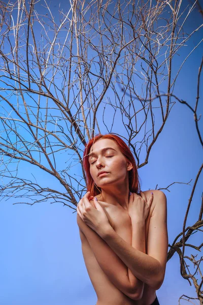Nackte rothaarige Mädchen in trockenen Zweigen auf blauem Hintergrund. — Stockfoto