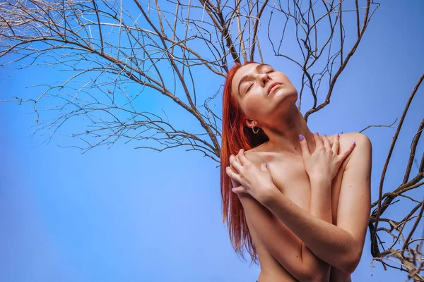 Naken rödhårig flicka i torra grenar på en blå bakgrund. — Stockfoto