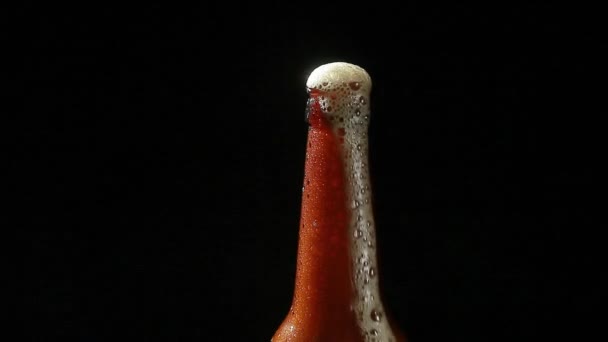 Beer foam pours from the neck of the bottle on a black background — Stock Video