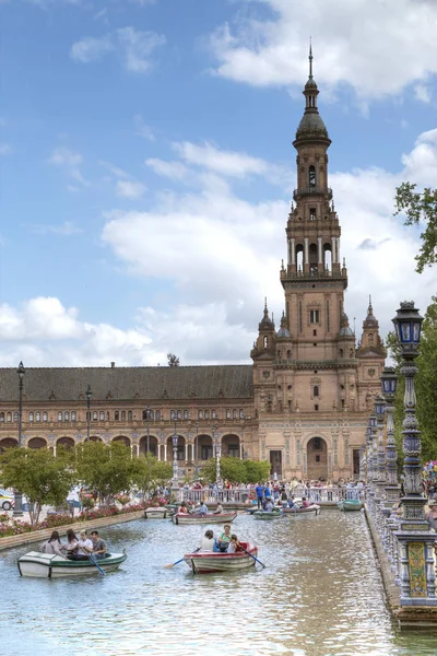 Sevilla Spain April 2018 Tourists Float Boat Canal Spanish Square — Stock Photo, Image