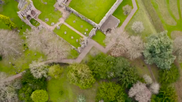 Luftaufnahme Der Ruinen Der Abtei Von Trockenburg Ufer Des Flusses — Stockvideo