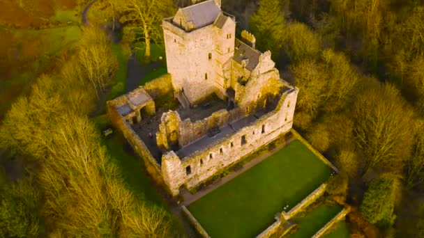 苏格兰克拉克曼南郡格伦元中世纪城堡坎贝尔废墟的鸟图 — 图库视频影像