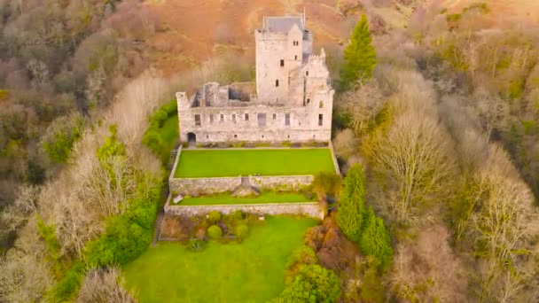 Letecký Pohled Zříceninu Středověkého Hradu Campbell Glen Dolar Clackmannanshire Skotsko — Stock video