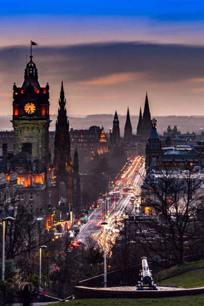 View to evening Princes Street from Calton hill in Edinburgh, Sc Stock Photo