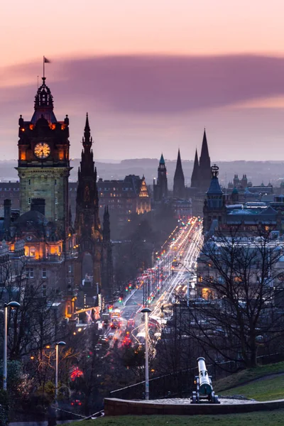View to evening Princes Street from Calton hill in Edinburgh, Sc Stock Photo