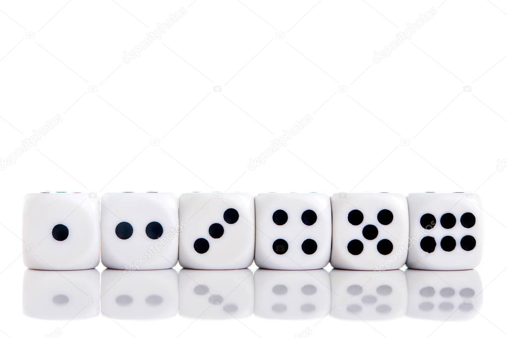 White dice in a row from 1 to 6