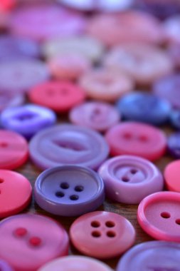 Mor ve pembe dikiş düğmeleri ahşap üzerine