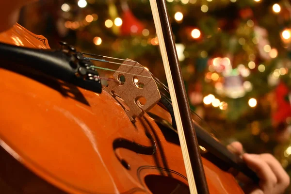 バック グラウンドでクリスマス ツリーとバイオリンを弾く若い人の水平 — ストック写真