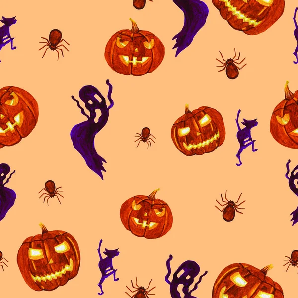 halloween\'s pattern with orange pumpkins, orange spiders, purple cats and purple ghosts. On beige background.