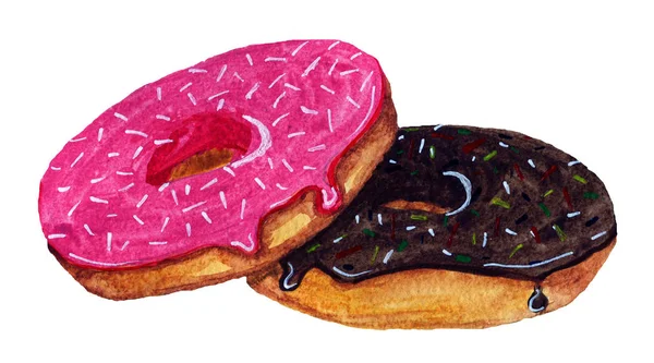 Twee Donuts Aardbei Chocolade Ilusstration Witte Achtergrond Aquarel — Stockfoto