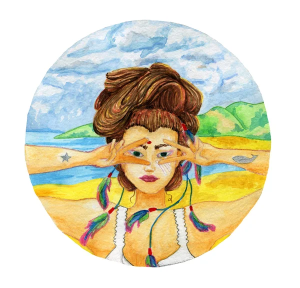 Jovencita Una Playa Soleada Cara Completa Femenina Colores Brillantes Ilustración —  Fotos de Stock