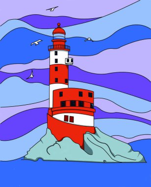 Offshore ışık kulesi. Mor, mavi ve turuncu renkleri. Deniz-martılar uçan fener.