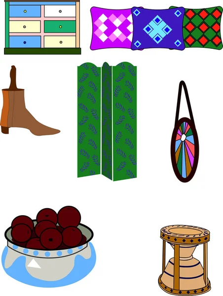 Isolated interior items on a white background. Boho style. Vector icons. Colorful.