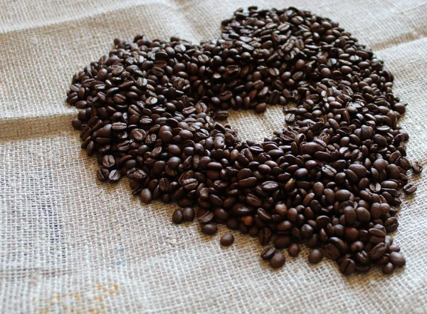 Heart Coffee Beans Burlap Side View — Stock Photo, Image