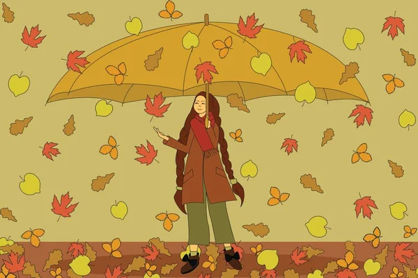 Dziewczyna Jesiennym Płaszczu Stoi Pod Dużym Parasolem Dziewczyna Cieszyć Się — Zdjęcie stockowe