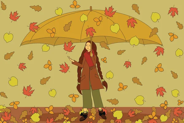 Une Fille Manteau Automne Tient Sous Grand Parapluie Jeune Fille — Photo