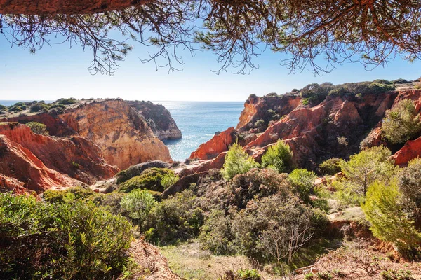 赤い岩と青い海 ポルトガルの大西洋岸のアルガルヴェ地方 美しい見事な明るい風景 — ストック写真