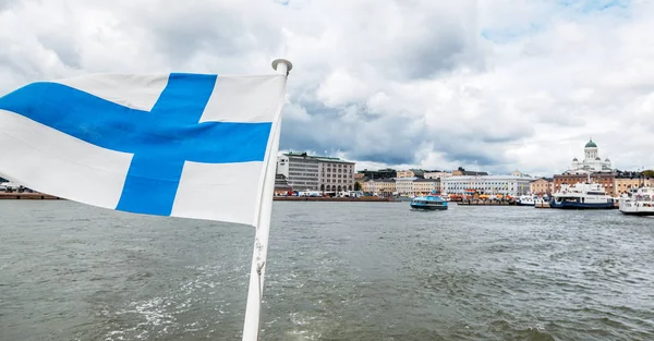 Finnish Flag Boat Develops Wind View Sea Travel Finland Scandinavian — Stock Photo, Image