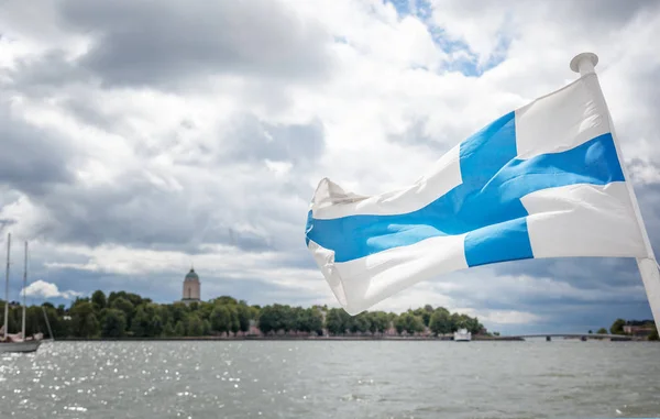 Finnish Flag Boat Develops Wind View Sea Travel Finland Scandinavian — Stock Photo, Image