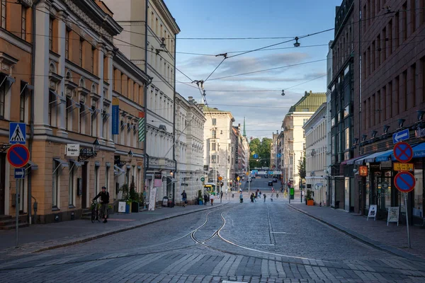Гарний Міський Пейзаж Вулиця Центрі Гельсінкі Столиця Фінляндії Вулиця Мощення — стокове фото