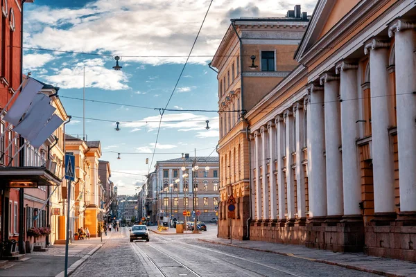 Hermoso Paisaje Urbano Calle Centro Helsinki Capital Finlandia Calle Con — Foto de Stock