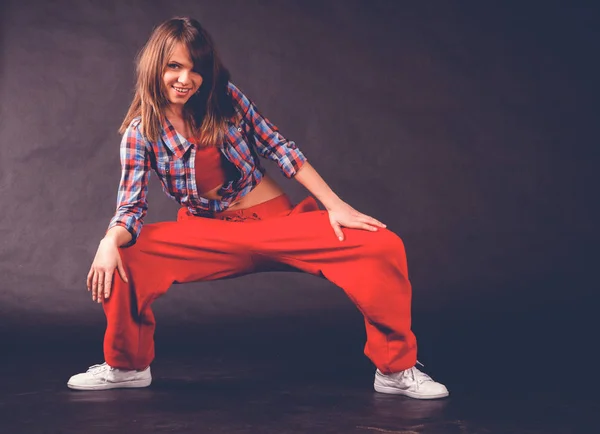 Young Beautiful Woman Girl Red Pants Plaid Shirt Dancing Hip — Stock Photo, Image