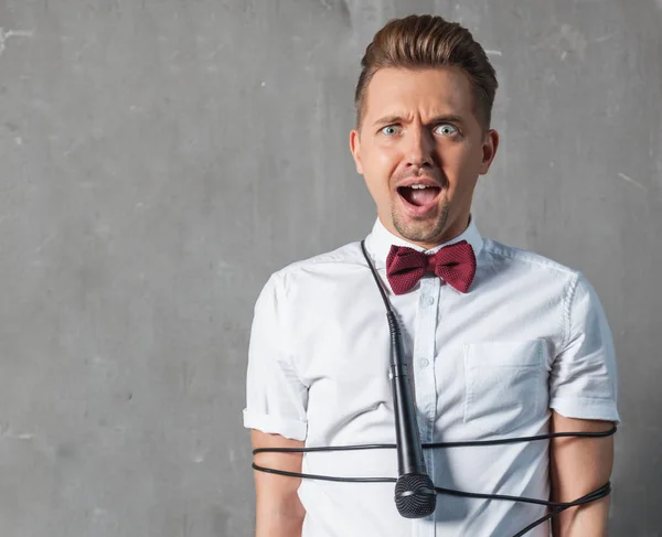 Young Attractive Glamorous Man White Shirt Butterfly Crocked Microphone Cord — Stock Photo, Image