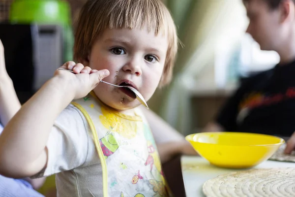 Cute Funny Baby Boy Years Old Sitting Spoon His Mouth — Stock Photo, Image