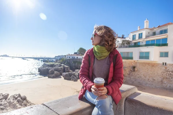 Beautiful Young Woman Jacket Scarf Sits Takeaway Coffee Overlooking Sea — Stock Photo, Image