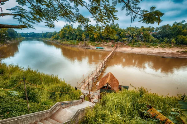 Resa Till Laos Sydostasien Utsikt Över Mekongfloden Och Bambu Bron — Stockfoto