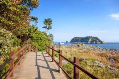 Jeju Güney Kore güzel deniz manzarası adasında deniz boyunca patika. Deniz fenerinin görünümü