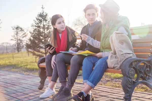 Groupe d'adolescents asiatiques écoliers assis sur un banc dans le parc et préparant des examens — Photo