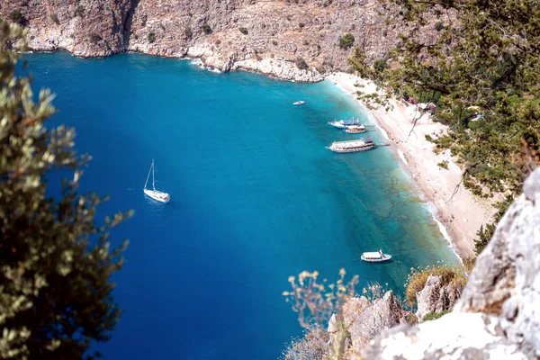 Oludeniz Butterfly Valley, stunning beautiful scenery, blue sea of pine and high cliffs, travel to Turkey — Stock Photo, Image