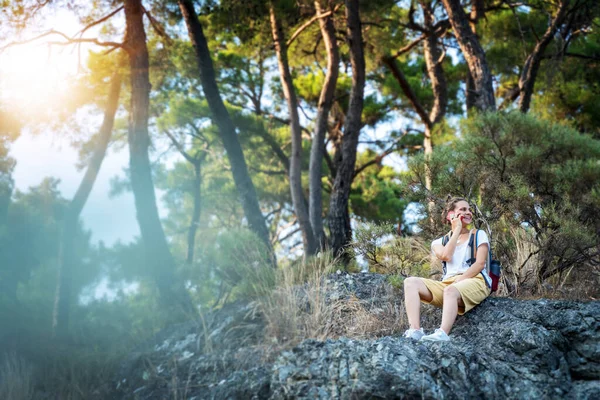 Young Woman Traveler Talking Smartphone Walking Forest Enjoying Nature Freedom — Stock Photo, Image