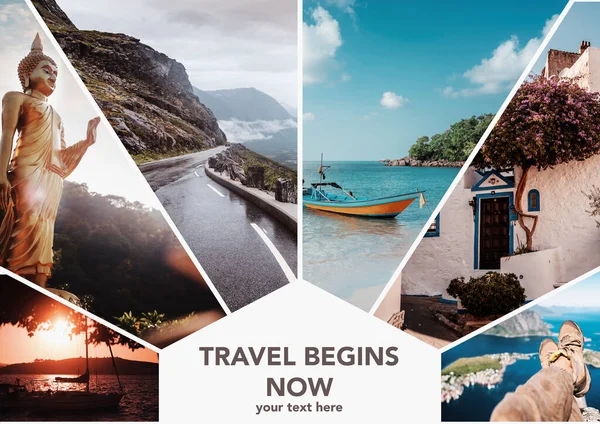 Seyahat Kolajı Avrupa Asya Tatil Macerası Konsepti Kapak Tasarımı Broşürler — Stok fotoğraf