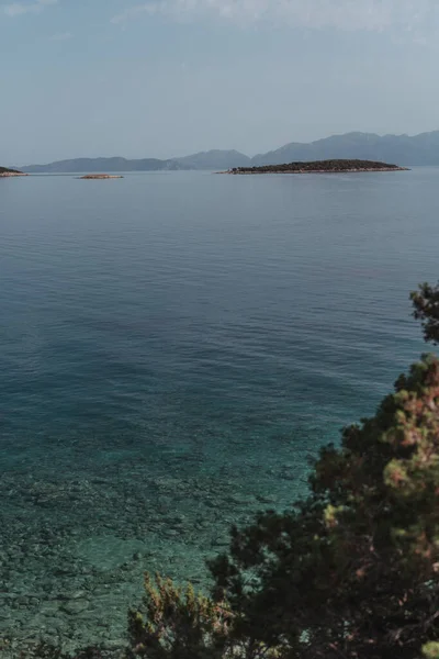 美しい地中海の風景、美しい澄んだ水と海岸に松の木。トルコへの旅行 — ストック写真