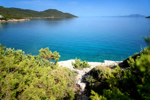美丽的地中海风景,美丽清澈的湖水和岸边的松树.前往土耳其的旅行 — 图库照片