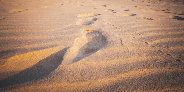 Superfície Praia Arenosa Textura Com Diferentes Pegadas Pôr Sol Fundo — Fotografia de Stock