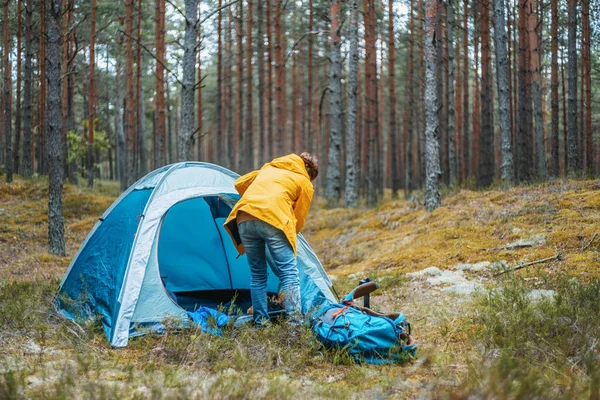 Young Woman Traveler Yellow Jacket Sets Camping Tent Autumn Pine — Stock Photo, Image
