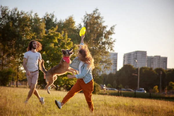 Jong Vrolijk Paar Spelen Met Hun Hond Het Park Met — Stockfoto