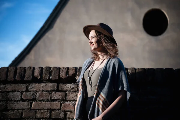 Portrait Attractive Young Woman Hat Happy Smile Summer Walks — Stock Photo, Image