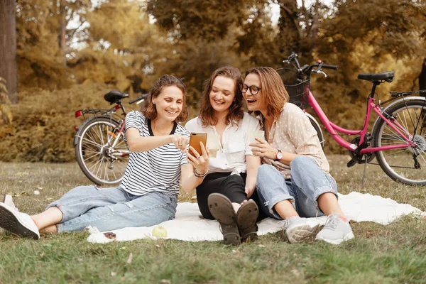 3人の美しい幸せな若い女性親しい友人が毛布の上の緑の公園でリラックスします 楽しさと緑の芝生の上でチャットしてください スマホで自撮り — ストック写真