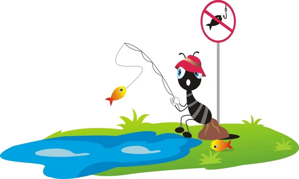 Hormiga Negra Pescando Estanque — Vector de stock