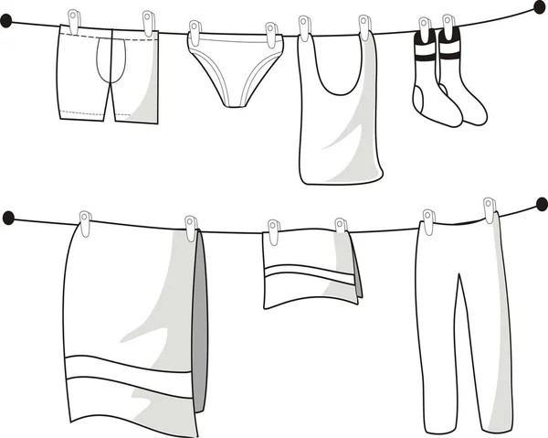 Clothesline içinde asılı elbiseleri. elle çizilmiş kroki