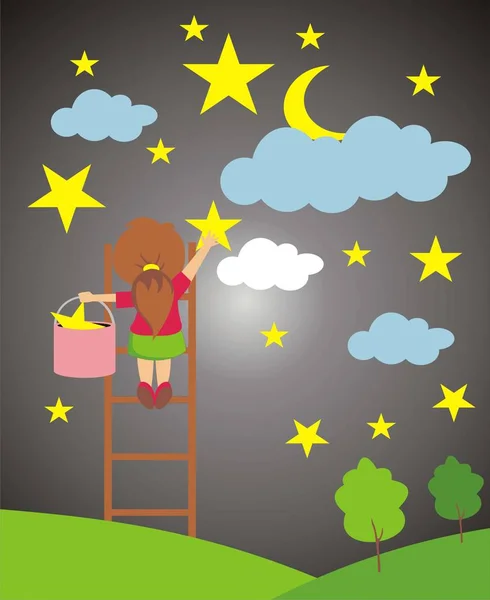Kleines Mädchen Beim Sternenpflücken Vektorillustration — Stockvektor