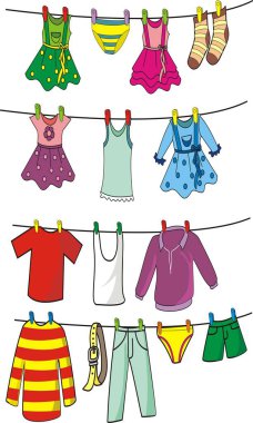 Çocuk ve yetişkin kıyafetleri el çizilmiş kroki